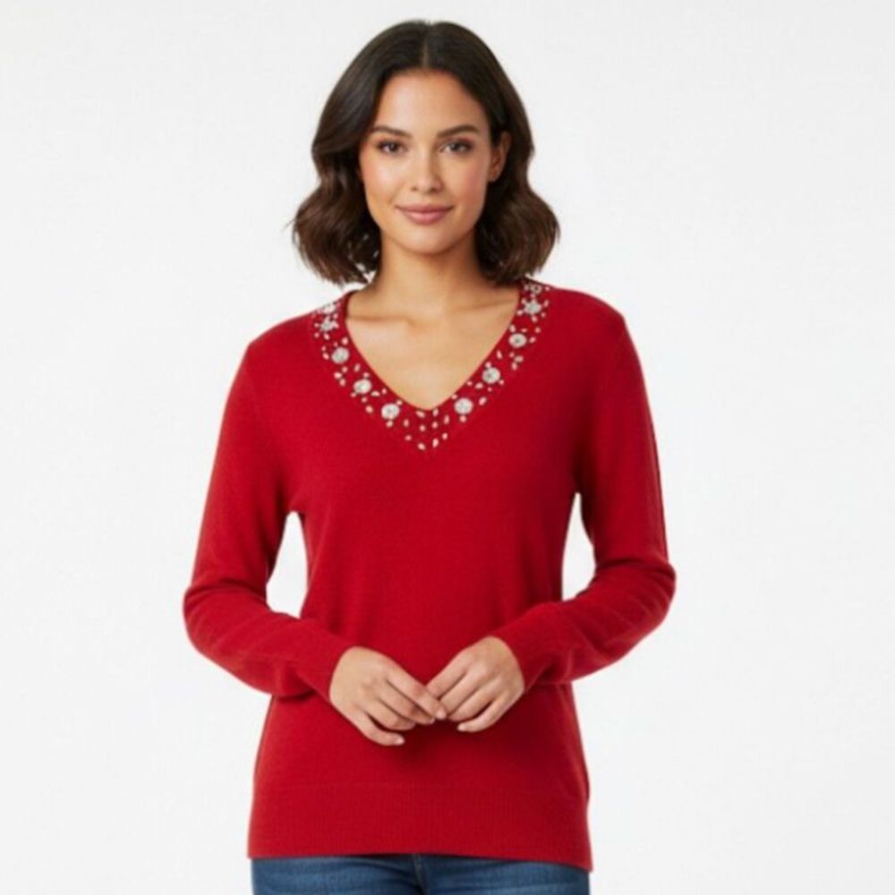 Carolyn Taylor Red V-Neck Embellished Long Sleeve Sweater Size Medium